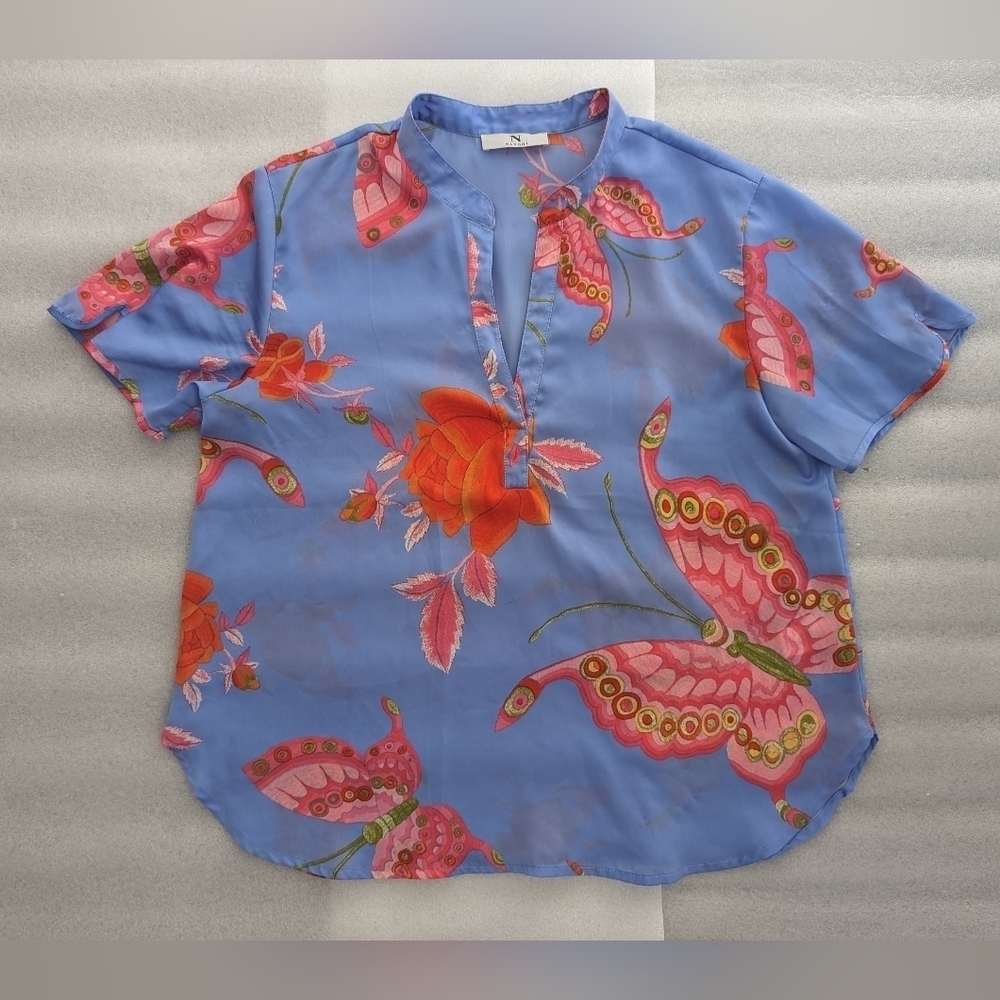 NATORI Blue Butterfly Garden Blouse Medium